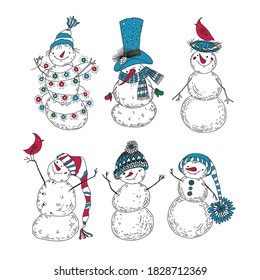 Six cute snowmen. Vector. Christmas holiday characters. Perfect for design of cards, invitations, coloring book, stickers.