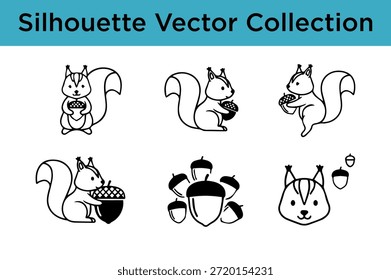 Sechs süße Eichhörnchen-Silhouetten mit Eicheln einzeln auf weißem Hintergrund