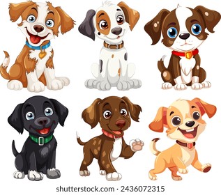Six cute vector puppies showing different emotions