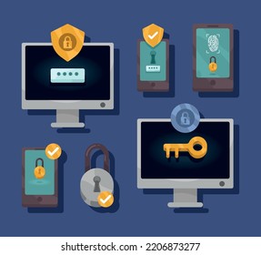 six cyber security set icons
