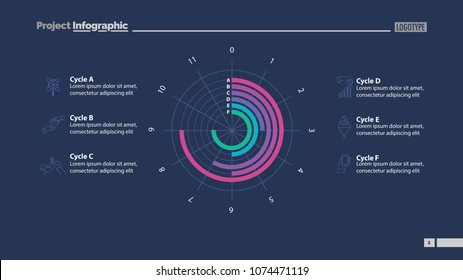 Six cycles in circle diagram template. Business data. Graph, chart, design. Creative concept for infographic, report. Can be used for topics like science, economics, investment
