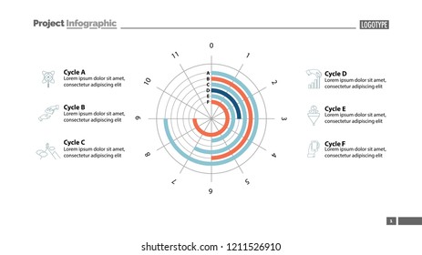 Six cycles in circle diagram template. Business data. Graph, chart, design. Creative concept for infographic, report. Can be used for topics like science, economics, investment