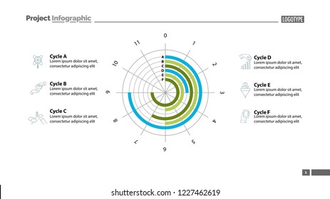 Six cycles in circle diagram template. Business data. Graph, chart, design. Creative concept for infographic, report. Can be used for topics like science, economics, investment
