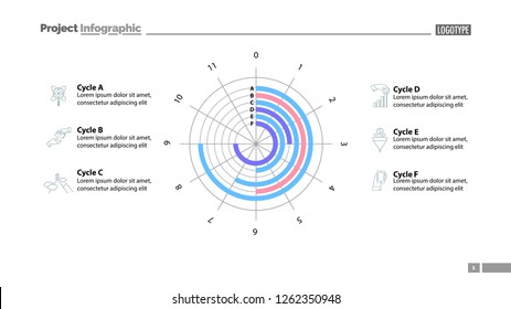 Six cycles in circle diagram template. Business data. Graph, chart, design. Creative concept for infographic, report. Can be used for topics like science, economics, investment