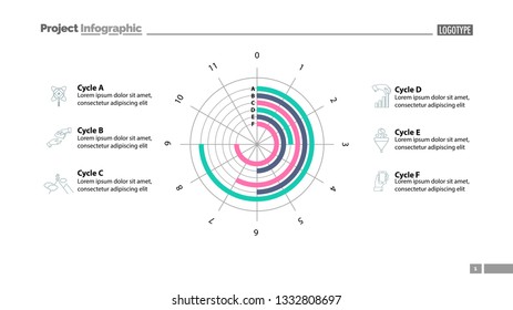 Six cycles in circle diagram template. Business data. Graph, chart, design. Creative concept for infographic, report. Can be used for topics like science, economics, investment
