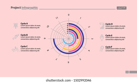 Six cycles in circle diagram template. Business data graph chart design. Creative concept for infographic, report. Can be used for topics like science and investment economics.