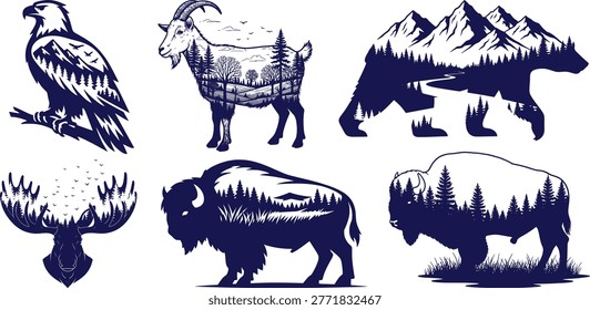 Six dark blue animal silhouettes filled with forest mountain landscapes eagle goat