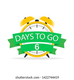Six days before the start. Yellow yellow alarm clock with flat ribbons, best character suggestions. Vector illustration
