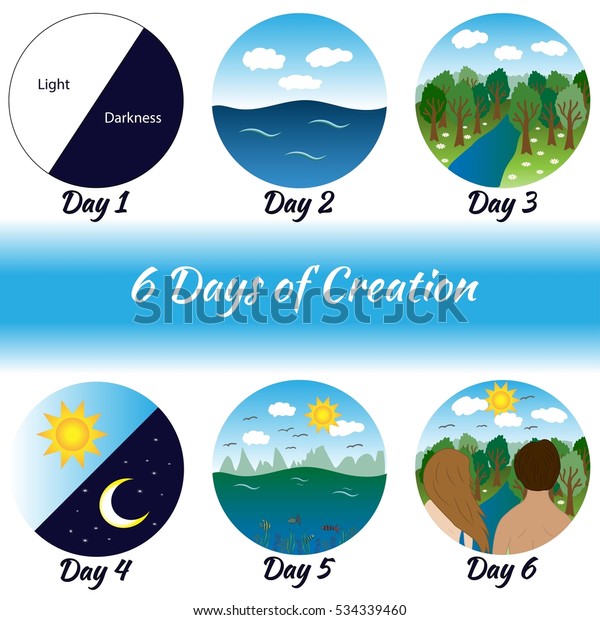 Six days of Creation. Bible creation story\
pictures.Vector\
illustration.