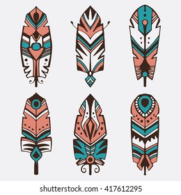 Six decorative bohemian style feathers. Abstract tribal feathers in a tattoo style. Vector illustration