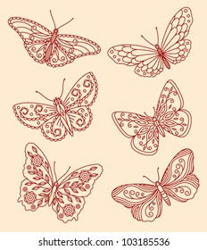 six decorative butterflies on a beige background