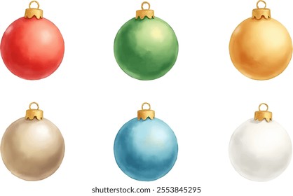 Six decorative Christmas ornaments in varying colors are artistically arranged in two rows. Each ornament features a shiny finish and a gold cap, evoking a festive holiday spirit.