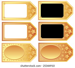 six decorative golden plastic  badges in different designs.