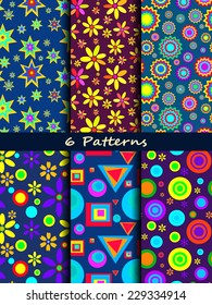 Six decorative patterns. Colorful patterns collection. Collection of geometric patterns.