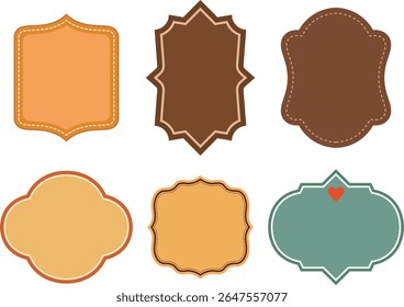 Six decorative vintage label shapes with decorative stitching and various colors