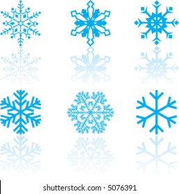 Six delicate snow flakes in blue with reflections
