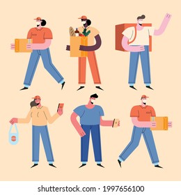 six delivery workers and customers