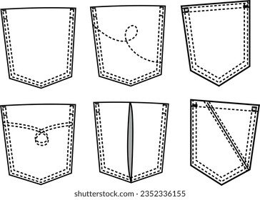 
Six denim pocket drawings, you can use them in your design by taking a mirror image of each.