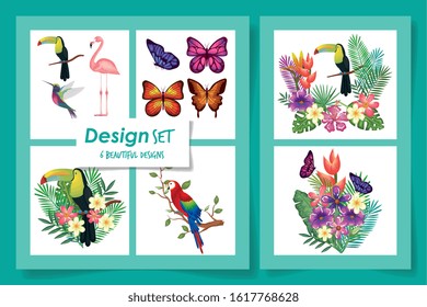 six designs of animals with flowers and leafs tropicals vector illustration design