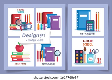 six designs of back to school supplies vector illustration design