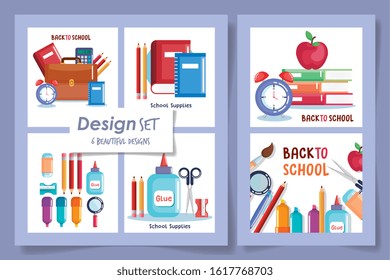 six designs of back to school supplies vector illustration design