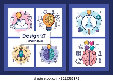 six designs of brainstorming and icons vector illustration design