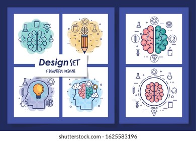 six designs of brainstorming and icons vector illustration design