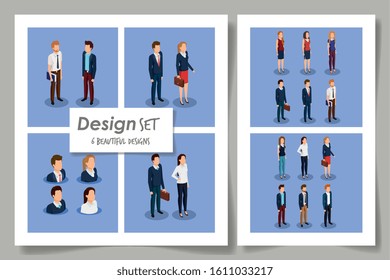 six designs of business people scenes vector illustration design