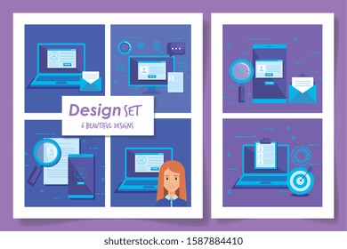 six designs of businesswoman and icons vector illustration design