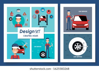 six designs of car service and icons vector illustration design