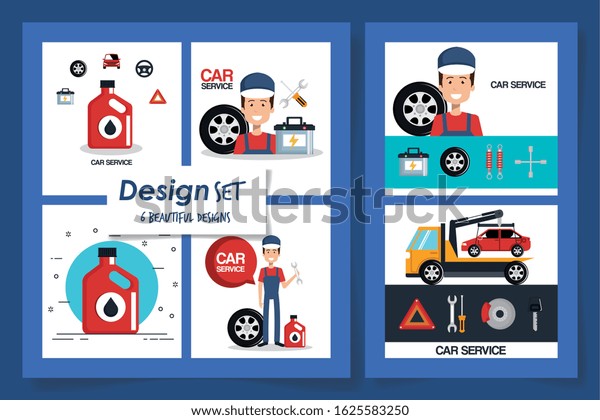 six designs of car service and icons vector\
illustration design