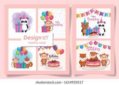 six designs of cards happy birthday with cute animals vector illustration design