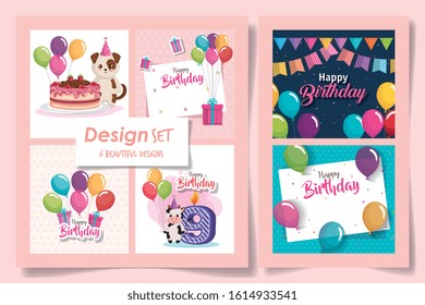 six designs of cards happy birthday and decoration vector illustration design