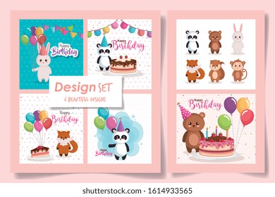 six designs of cards happy birthday with cute animals vector illustration design