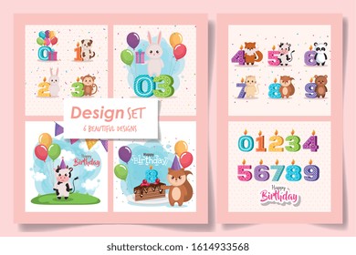six designs of cards happy birthday with cute animals vector illustration design