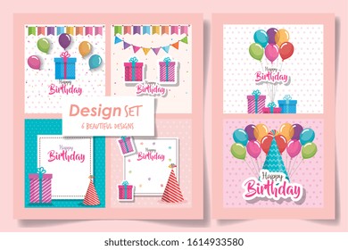 six designs of cards happy birthday and decoration vector illustration design