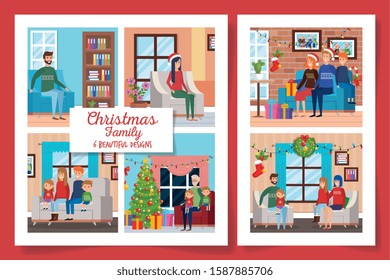 six designs of christmas family with decoration vector illustration design