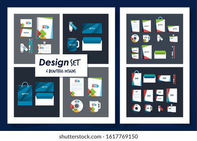 Six designs of corporate identity objects of Brands business company style ad publishing and office theme Vector illustration