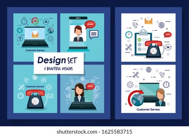 six designs of customer service and icons vector illustration design