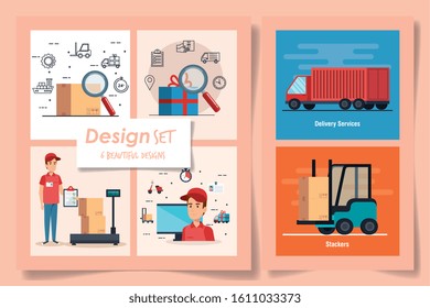 six designs of delivery service with workers and icons vector illustration design