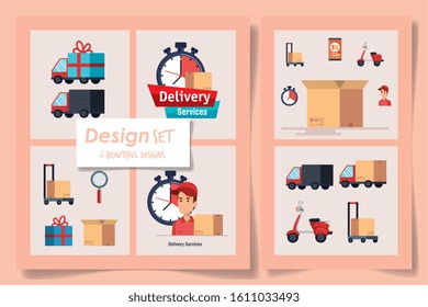 six designs of delivery service with workers and icons vector illustration design