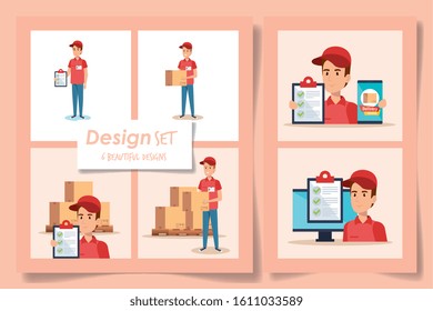 six designs of delivery service with workers and icons vector illustration design