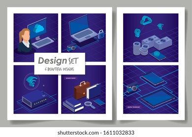 six designs of digital technology and business woman vector illustration design