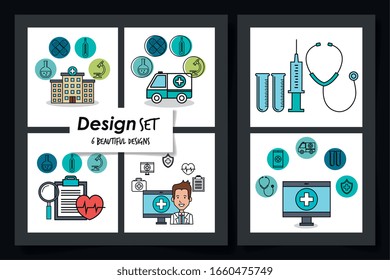 six designs of doctor and medicine icons vector illustration design