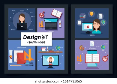 six designs of education online with icons vector illustration design