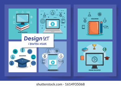 six designs of education online with icons vector illustration design