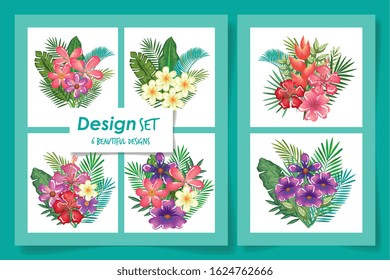 six designs of flowers and leafs tropicals vector illustration design
