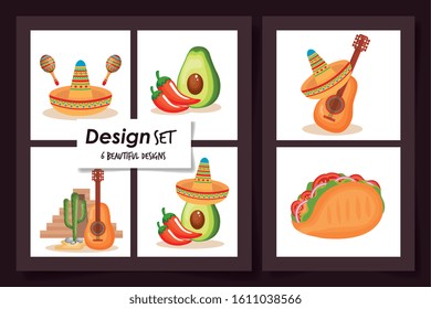 six designs of food with icons mexico traditional vector illustration design