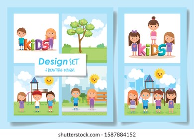 six designs of kids in the park vector illustration design