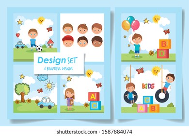 six designs kids with toys in the park vector illustration design - Shutterstock ID 1587884074